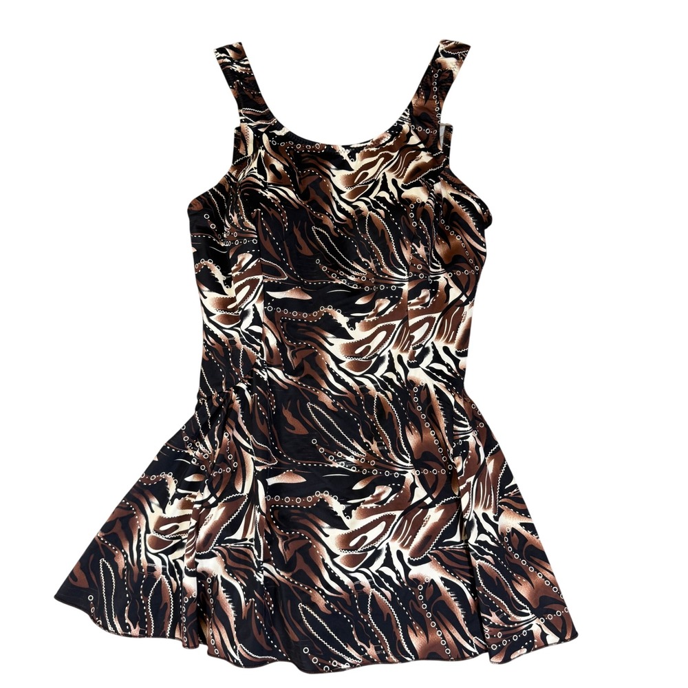 T.H.E. Swimwear Brown Black Abstract Print Swim Dress One Piece Size 18 996-60